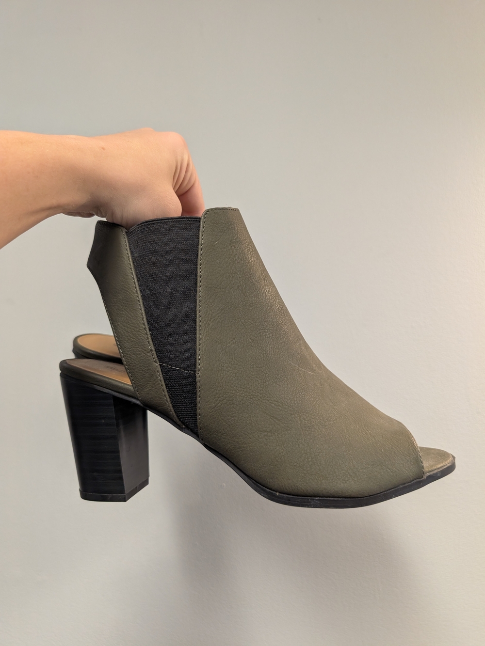 Call It Spring Olive Green Open-Toe Block Heel Booties